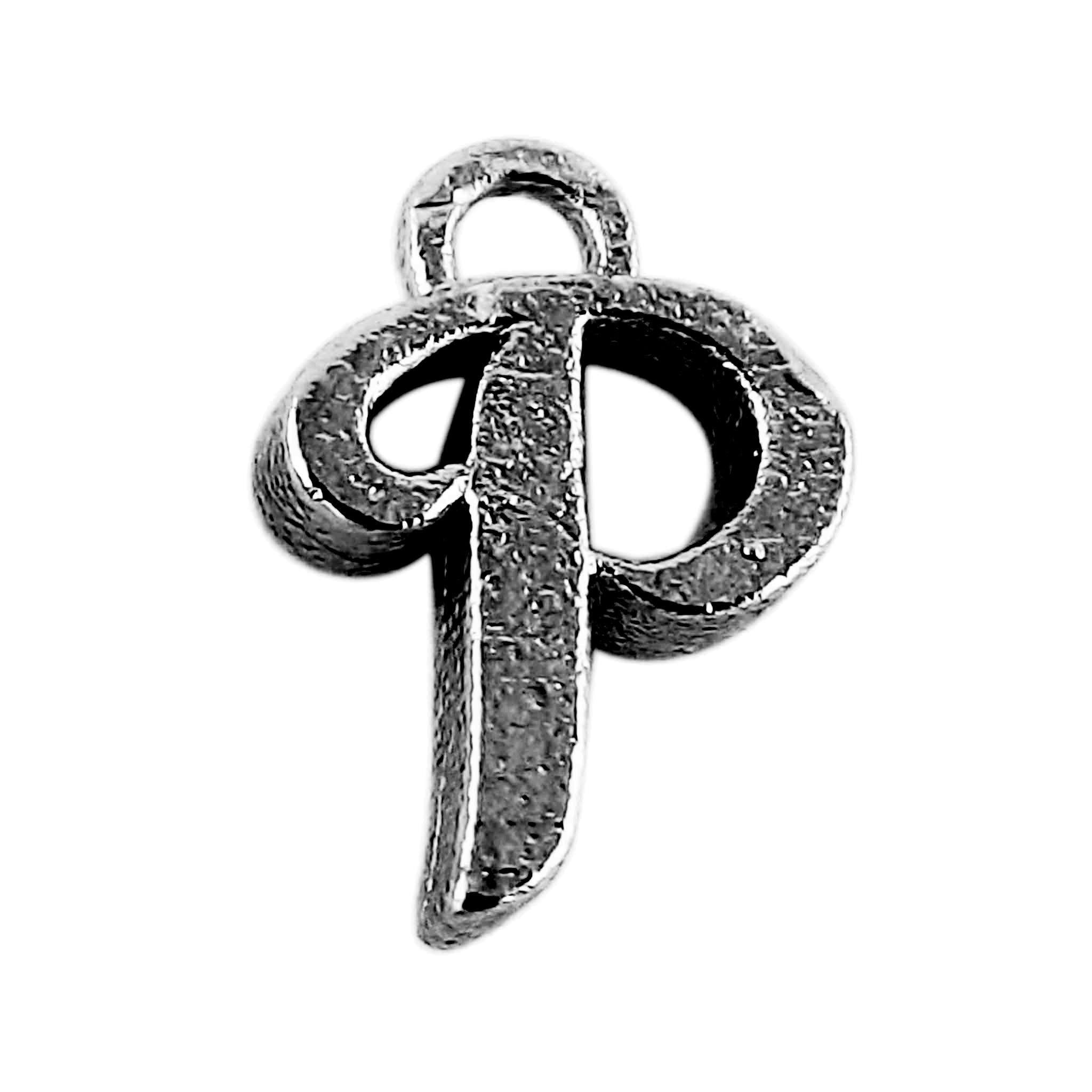 Alphabet P initial pendant crafted with Black Rhodium Overlay Over Copper, handcrafted in India with dark textured finish