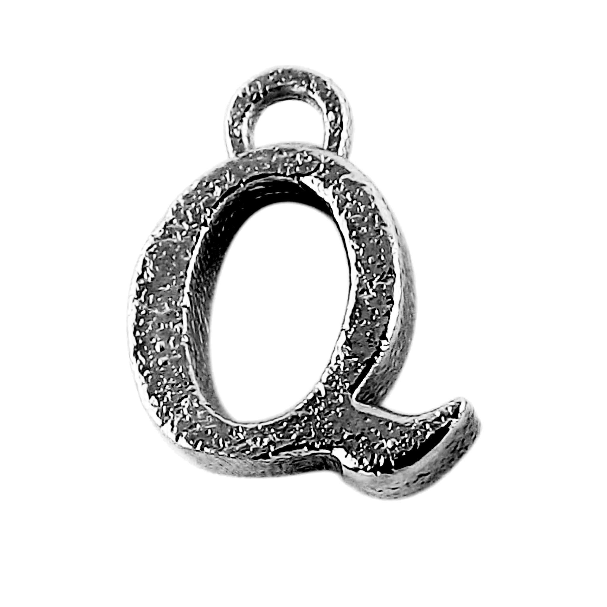 Alphabet Q initial pendant crafted with Black Rhodium Overlay Over Copper, handcrafted in India with dark textured finish