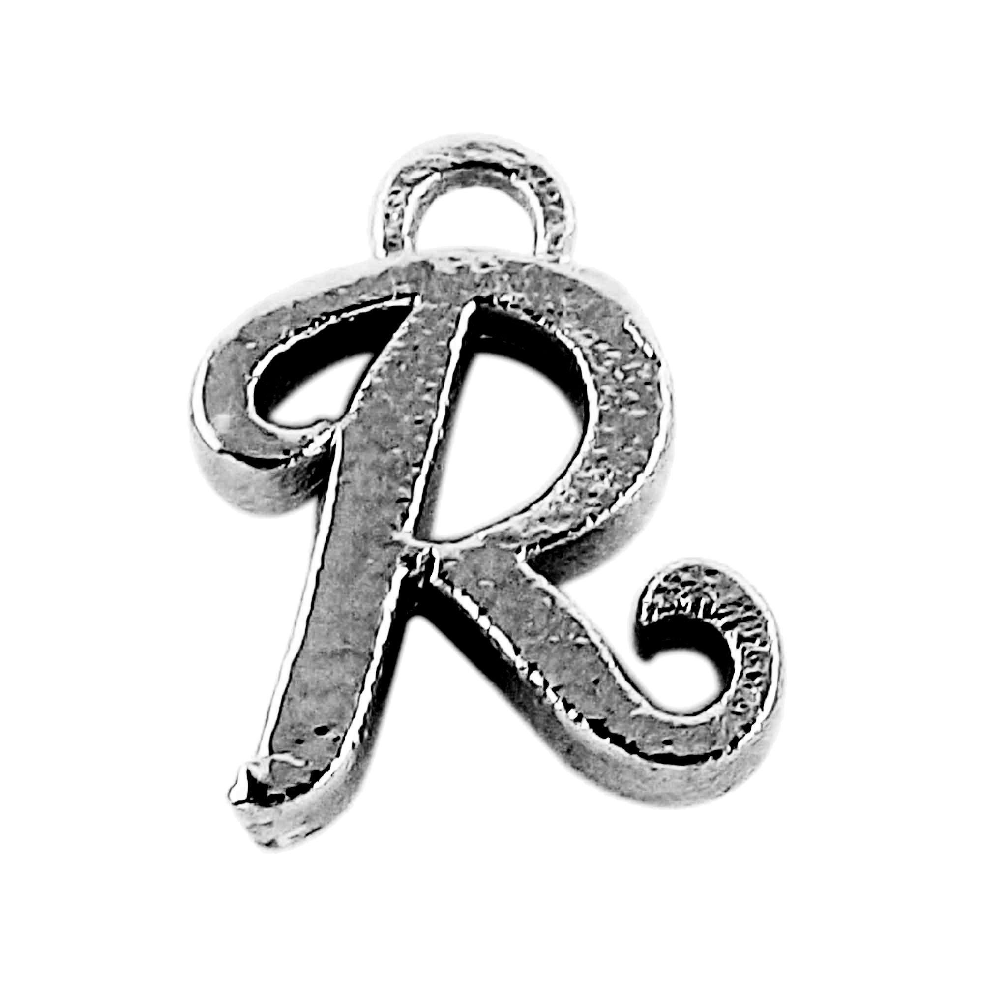 Alphabet R initial pendant crafted with Black Rhodium Overlay Over Copper, handcrafted in India with dark textured finish