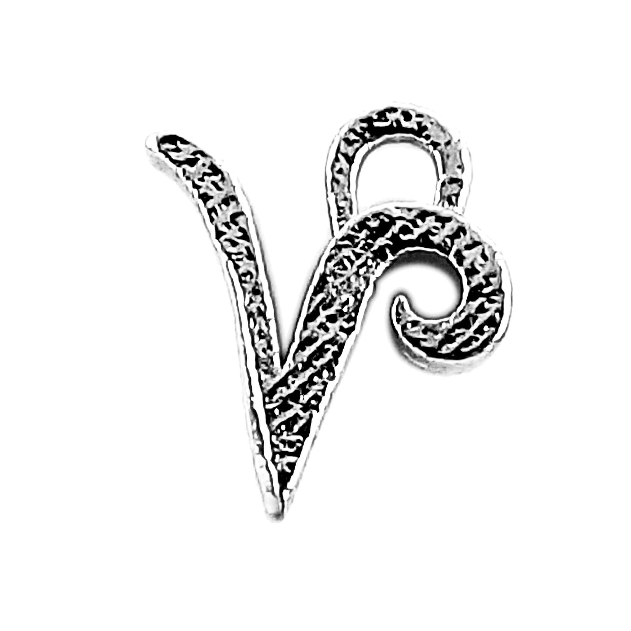Alphabet V initial pendant crafted with Black Rhodium Overlay Over Copper, handcrafted in India with dark textured finish