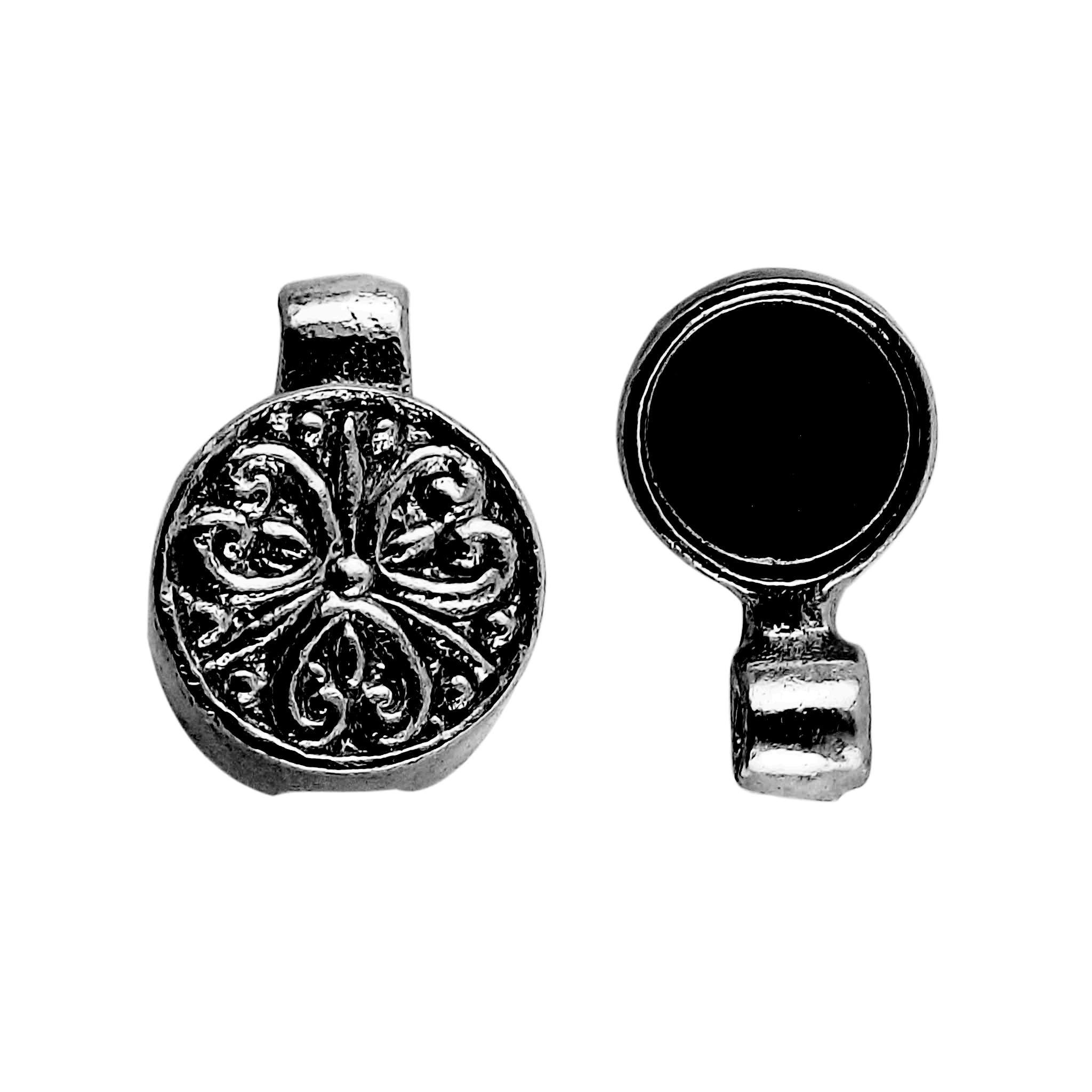 Round shape magnetic jewelry clasp crafted with Black Rhodium Overlay Over Copper from India featuring embossed artisan detailing.