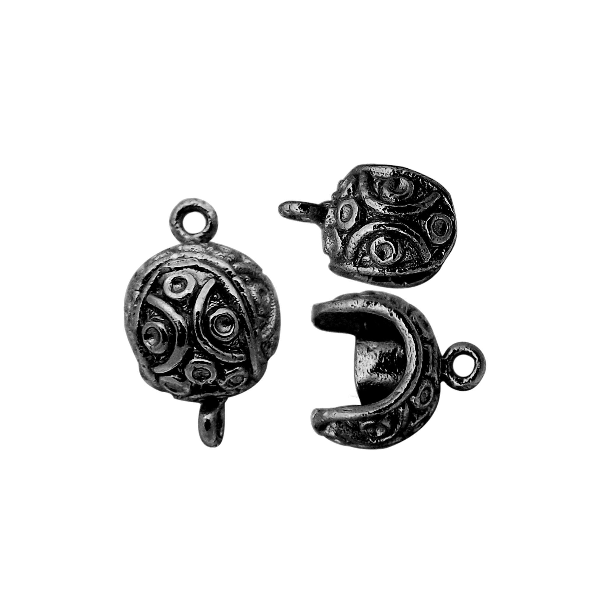 Round shape designer end cap with loop crafted with Black Rhodium Overlay Over Copper from India featuring embossed artisan detailing.