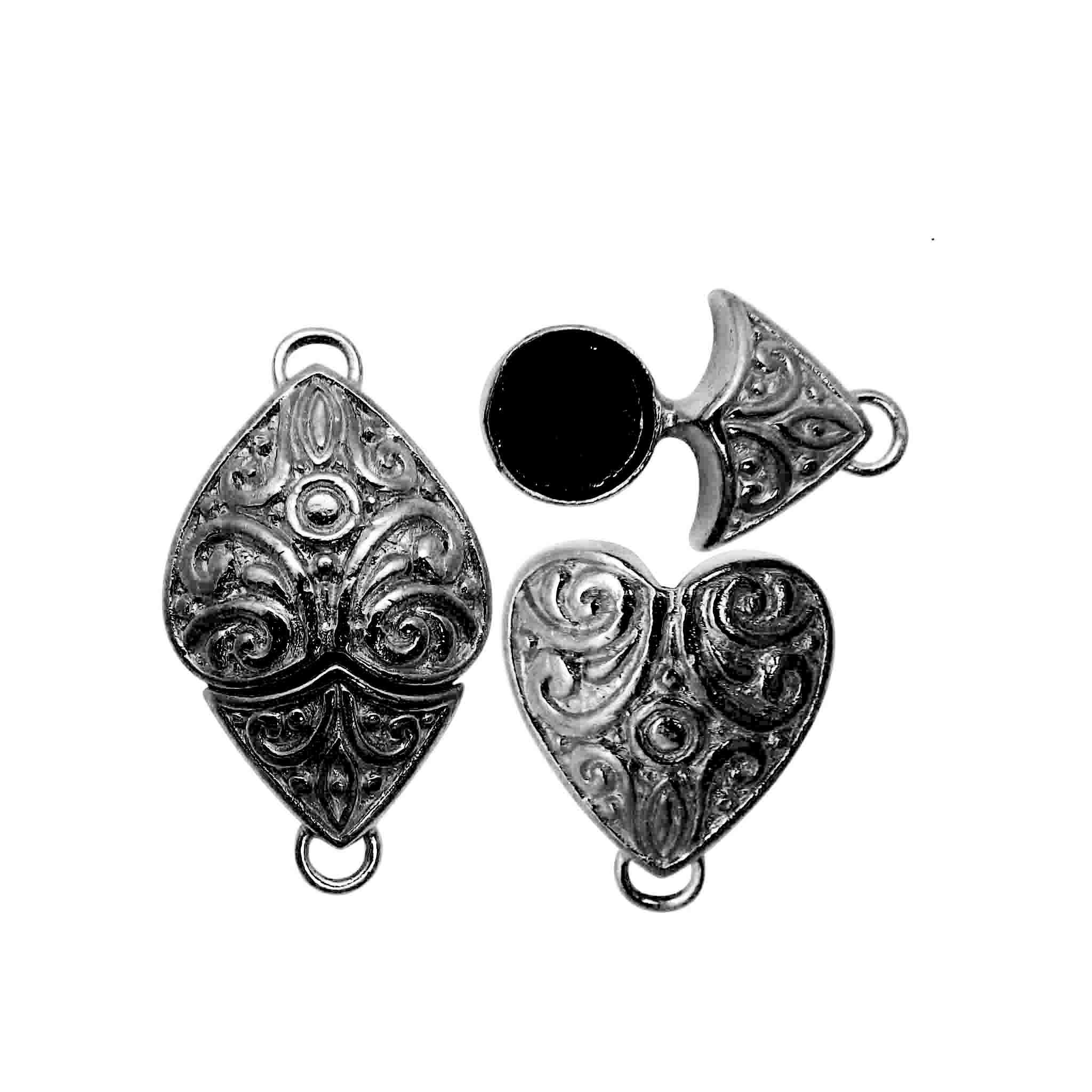 Designer heart shape magnetic jewelry clasp crafted with Black Rhodium Overlay Over Copper from India featuring embossed artisan detailing.