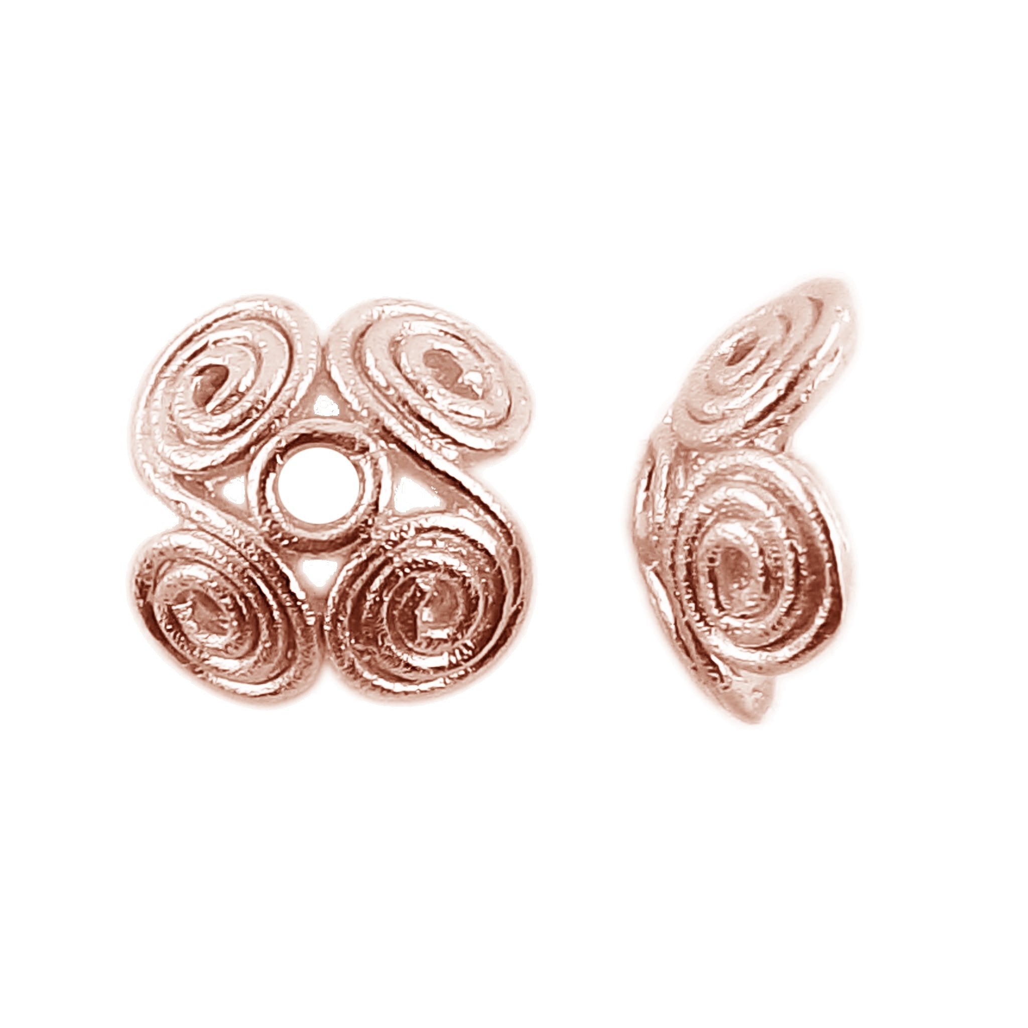 Decorative floral spiral bead cap made from Rose Gold Overlay Over Copper with smooth polished finish, ideal for handmade jewelry designs requiring elegant bead finishing