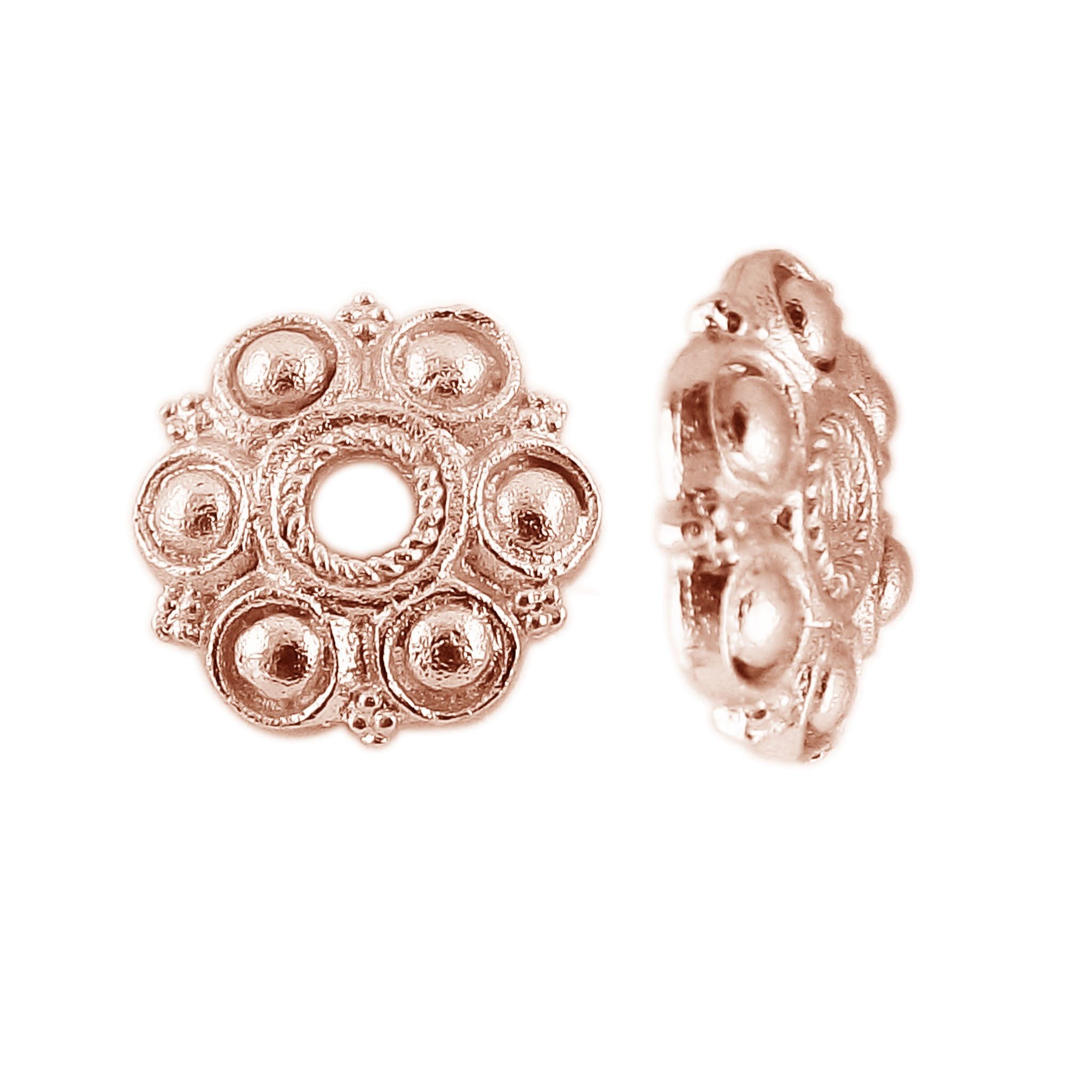 Decorative floral bead cap made from Rose Gold Overlay Over Copper with polished raised dome design, ideal for handmade jewelry requiring elegant bead finishing
