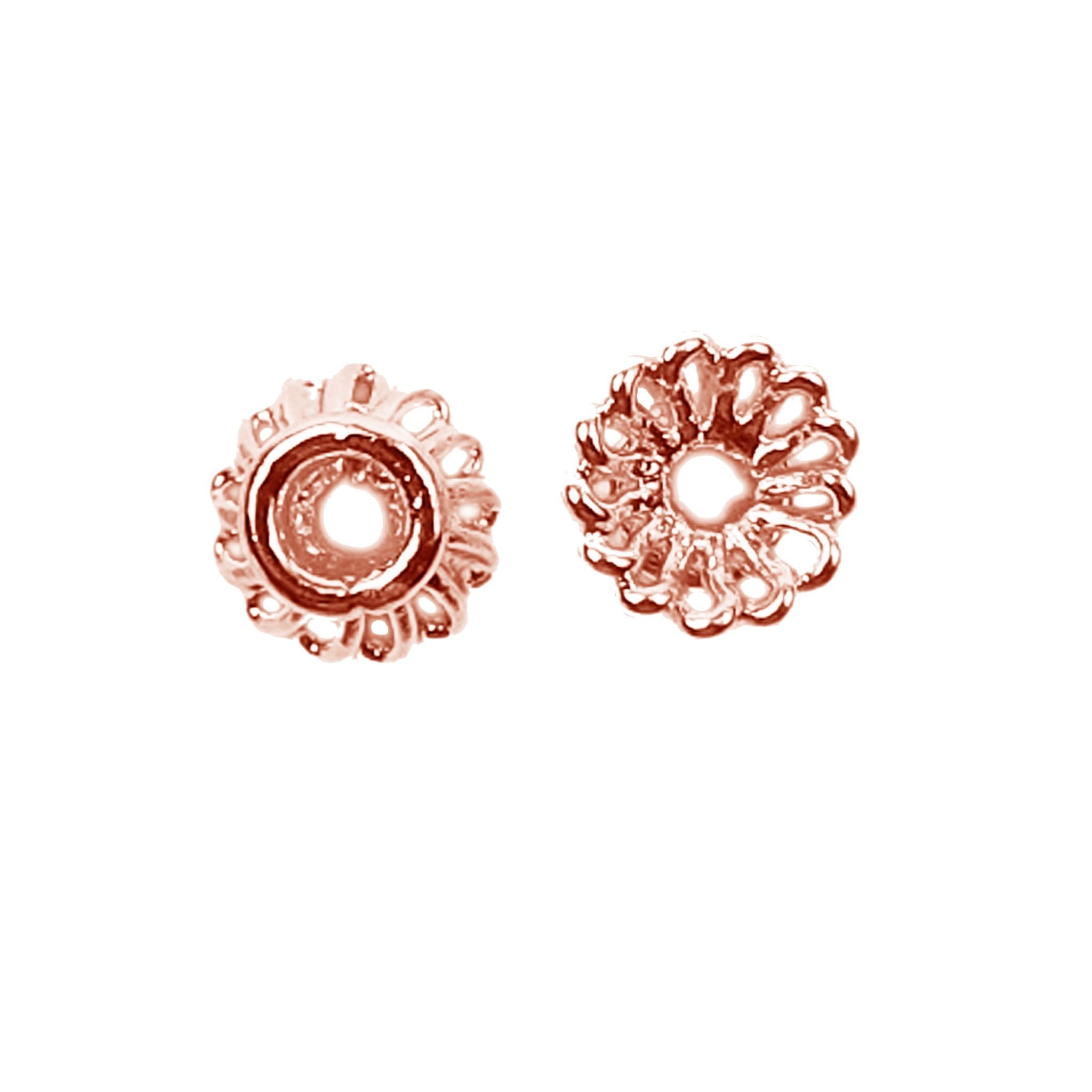 Rose Gold Overlay Over Copper floral bead cap with petal detailing, polished surface, compact round shape, and precise inner hole for handmade jewelry projects