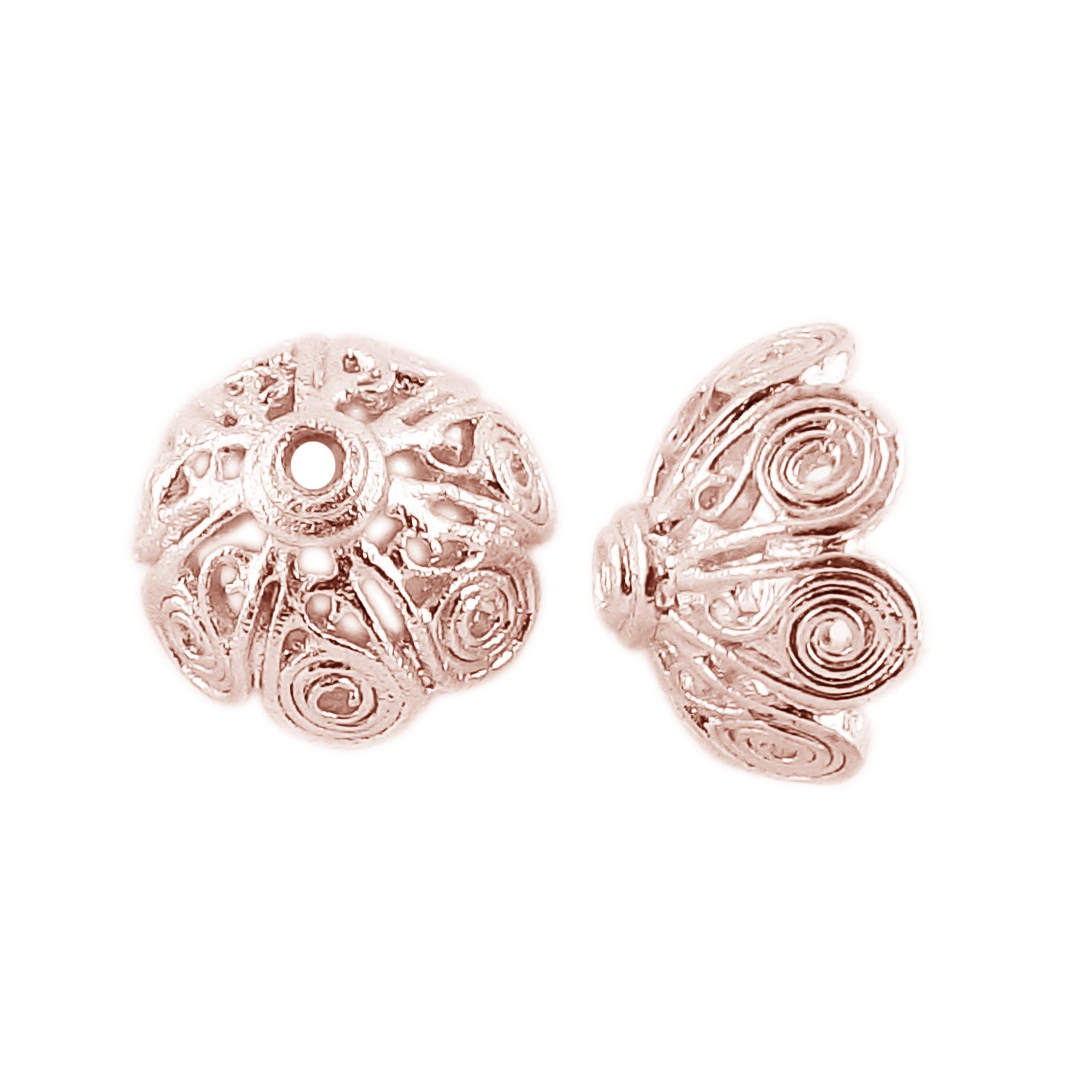 Rose Gold Overlay Over Copper spiral floral bead cap with openwork detailing, polished surface, and rounded dome shape for handmade jewelry projects