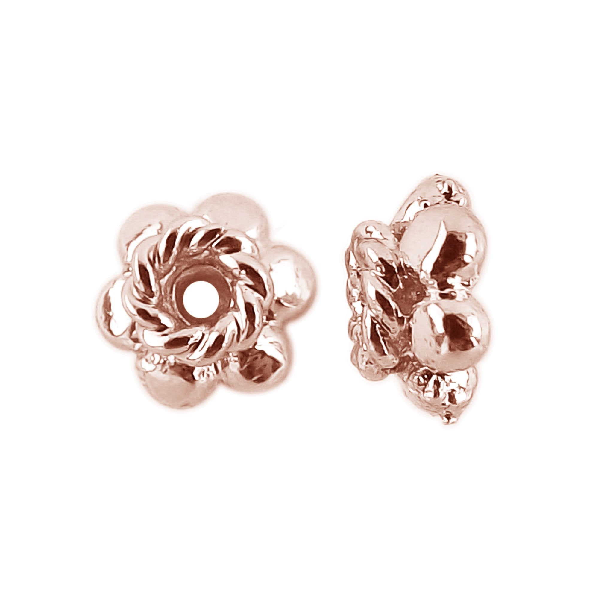 Rose Gold Overlay Over Copper tiny flower bead cap featuring smooth polish, petite size, narrow inner opening, and rounded contours for detailed handmade jewelry designs