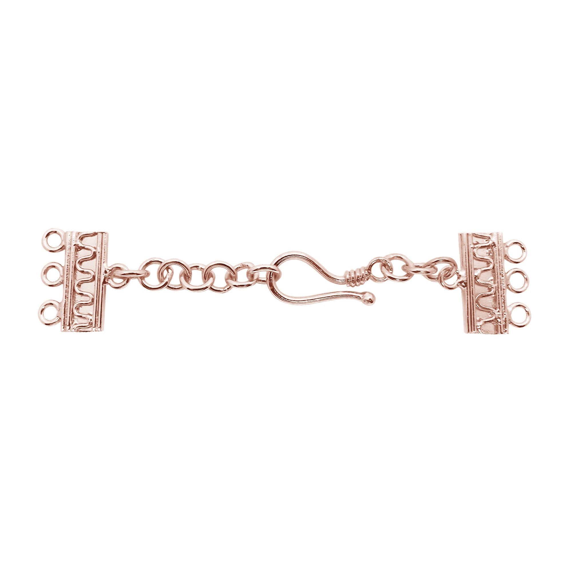 Rose gold overlay over copper multi strand clasp with three holes designed for retail customers, perfect for layered jewelry, handmade designs, and DIY projects