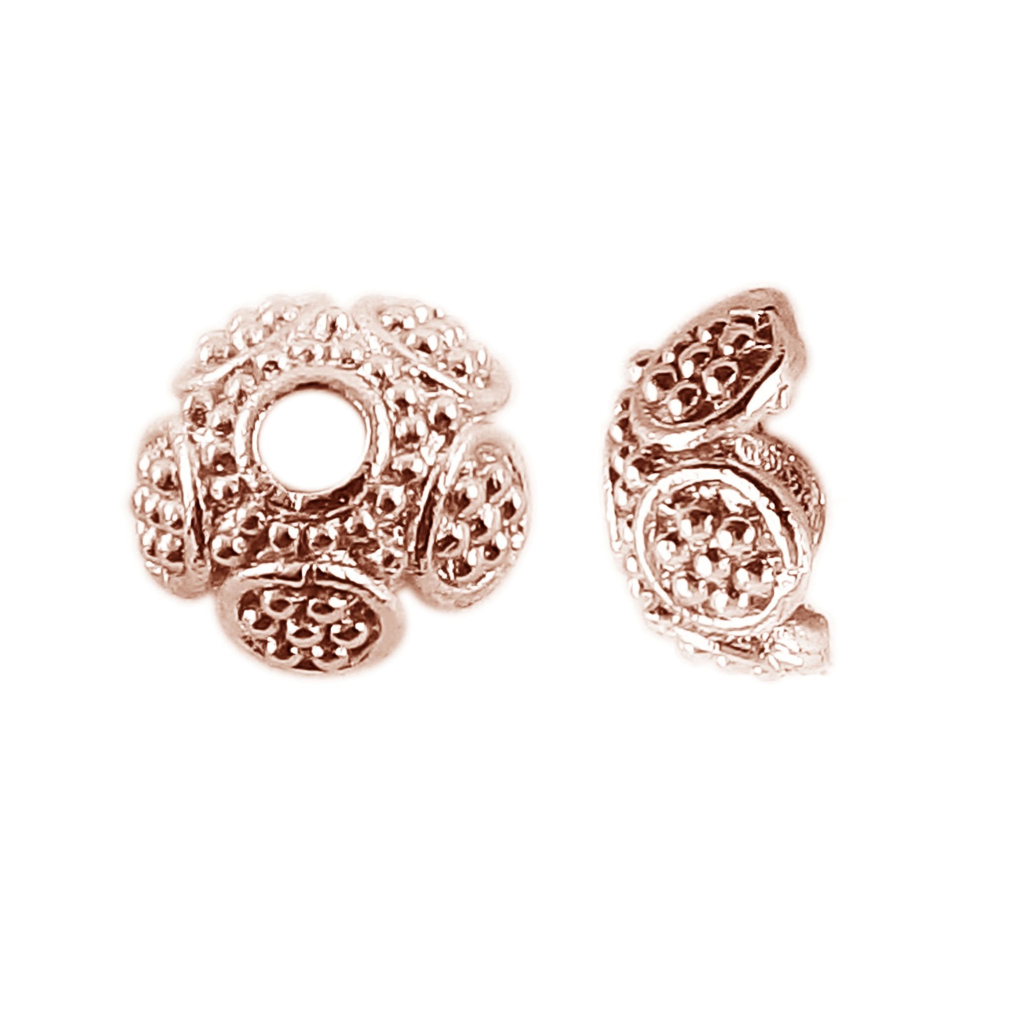 Handcrafted rose gold overlay over copper bead cap from India with textured design and inner hole detail