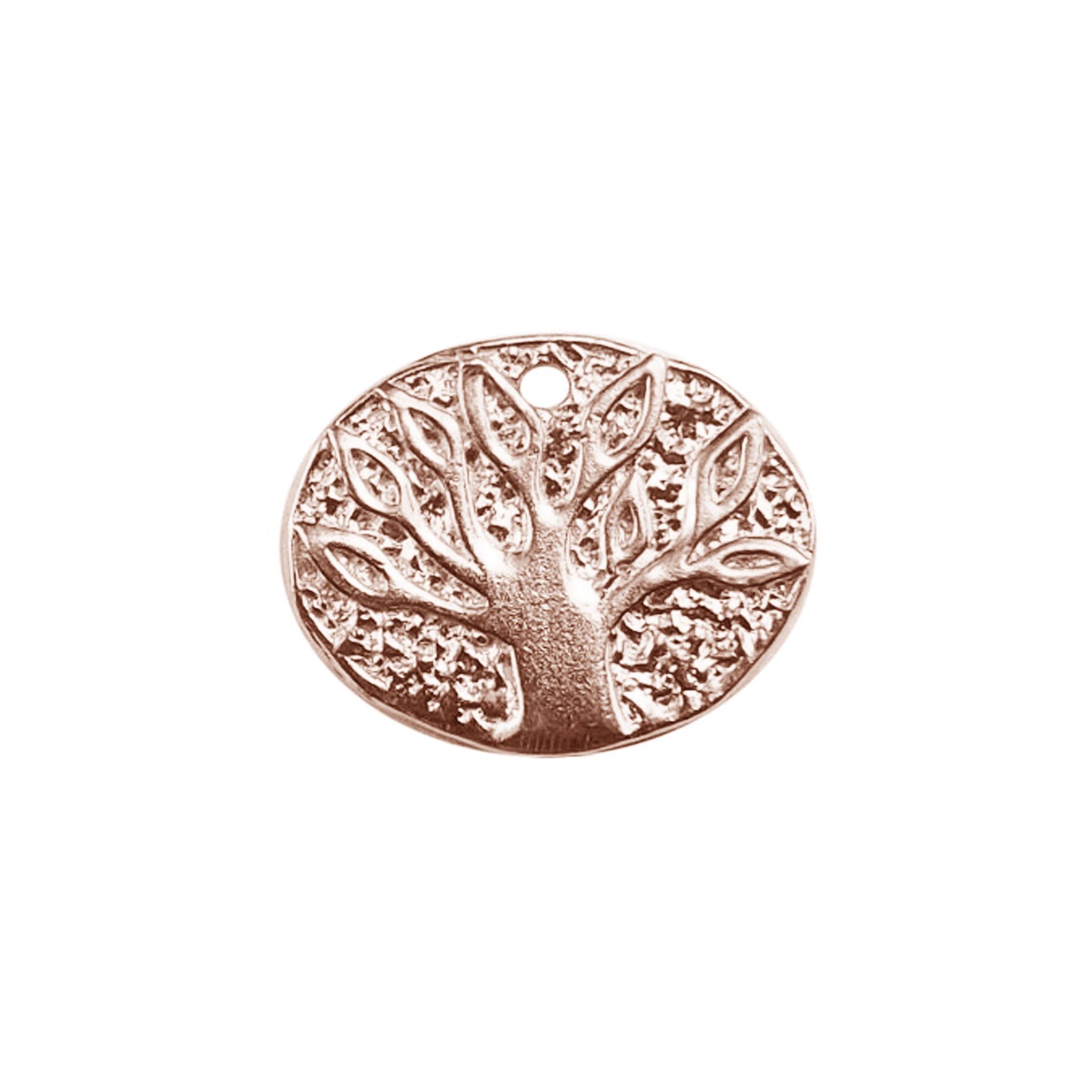 Handcrafted rose gold overlay over copper charm from India with oval tree design for jewelry making