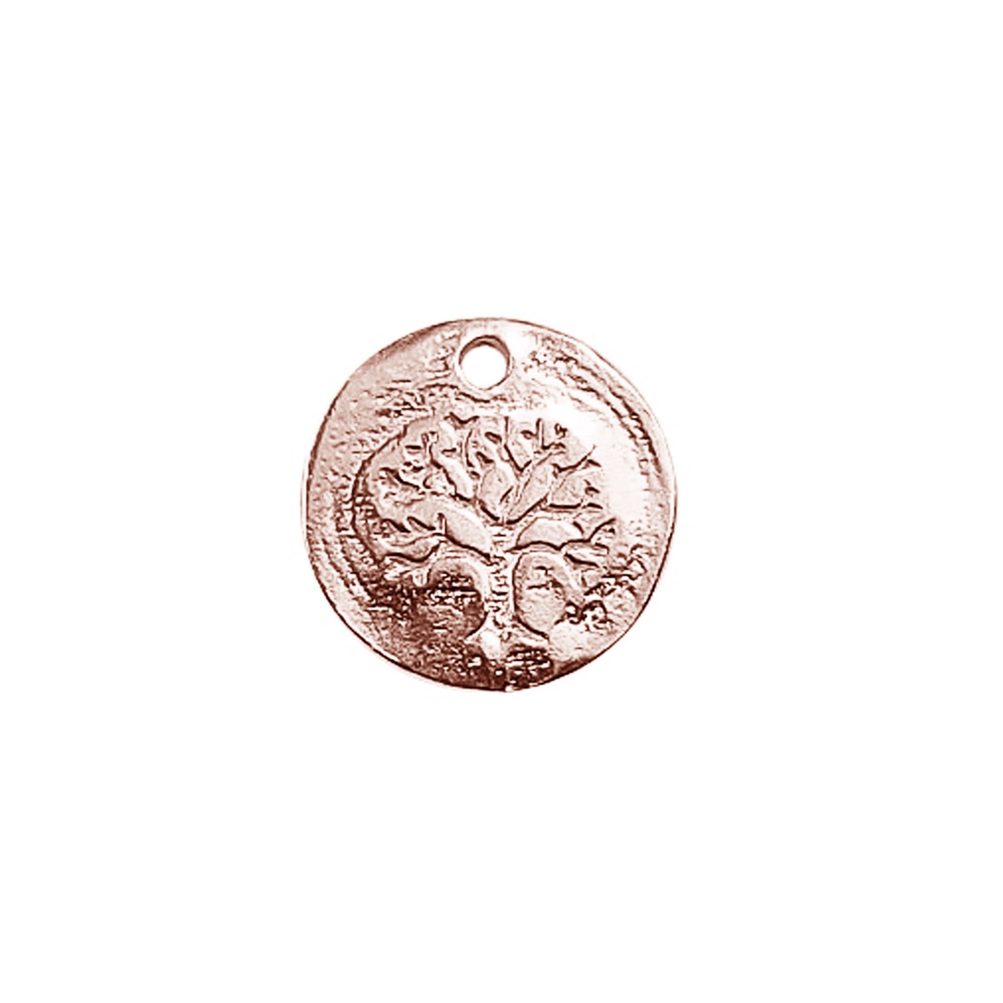 Handcrafted rose gold overlay over copper charm from India with round tree symbol design