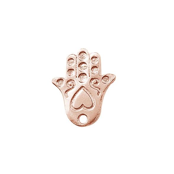 Elegant Rose Gold Overlay Over Copper Hamsa bead cap with heart engraving, artisanal jewelry piece made in India.
