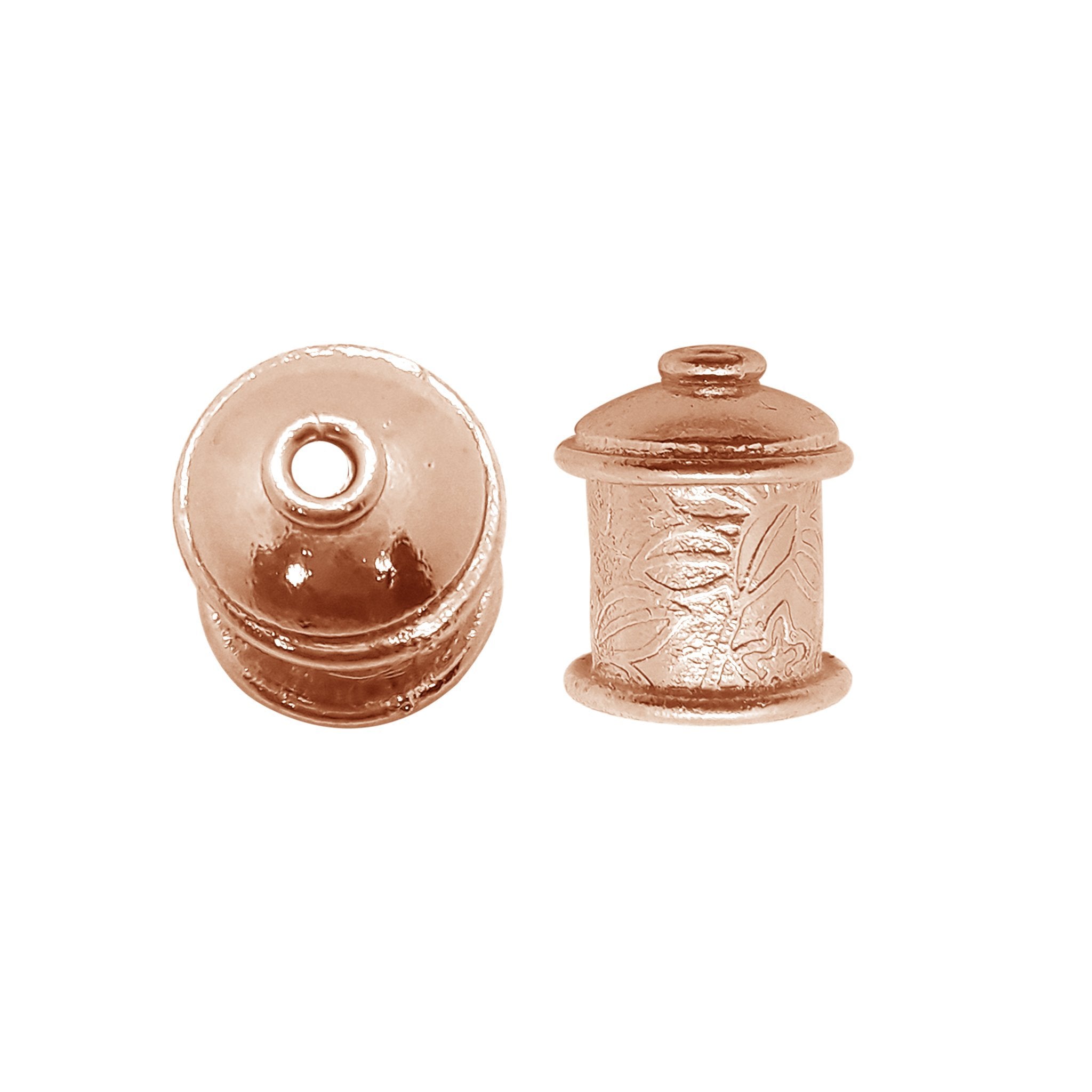 Handcrafted rose gold overlay over copper end cap from India with cylindrical decorative design
