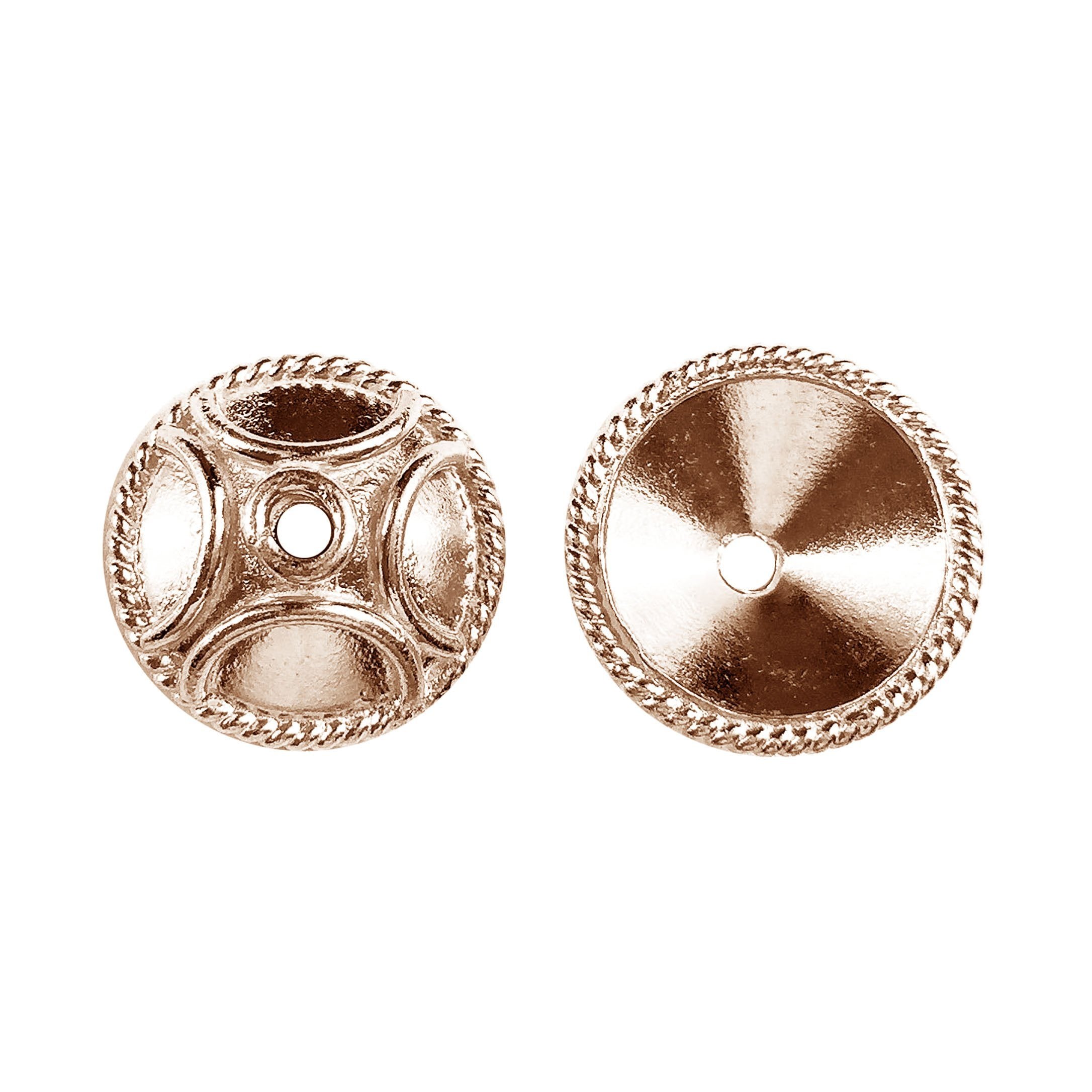 Handcrafted rose gold overlay over copper bead cap from India with wide dome and rope edge design