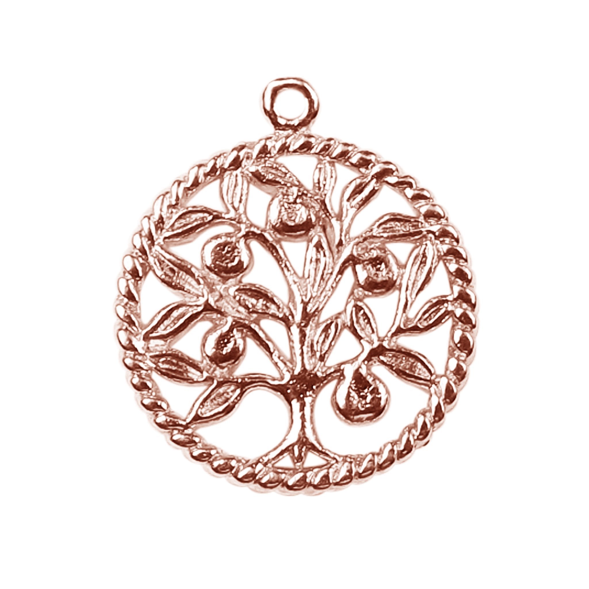 Rose Gold Overlay Over Copper Tree of Life charm handcrafted in India for symbolic handmade jewelry