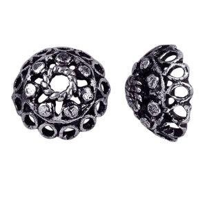 Silver overlay over copper bead cap from India handcrafted with vintage openwork floral pattern and oxidized silver finish