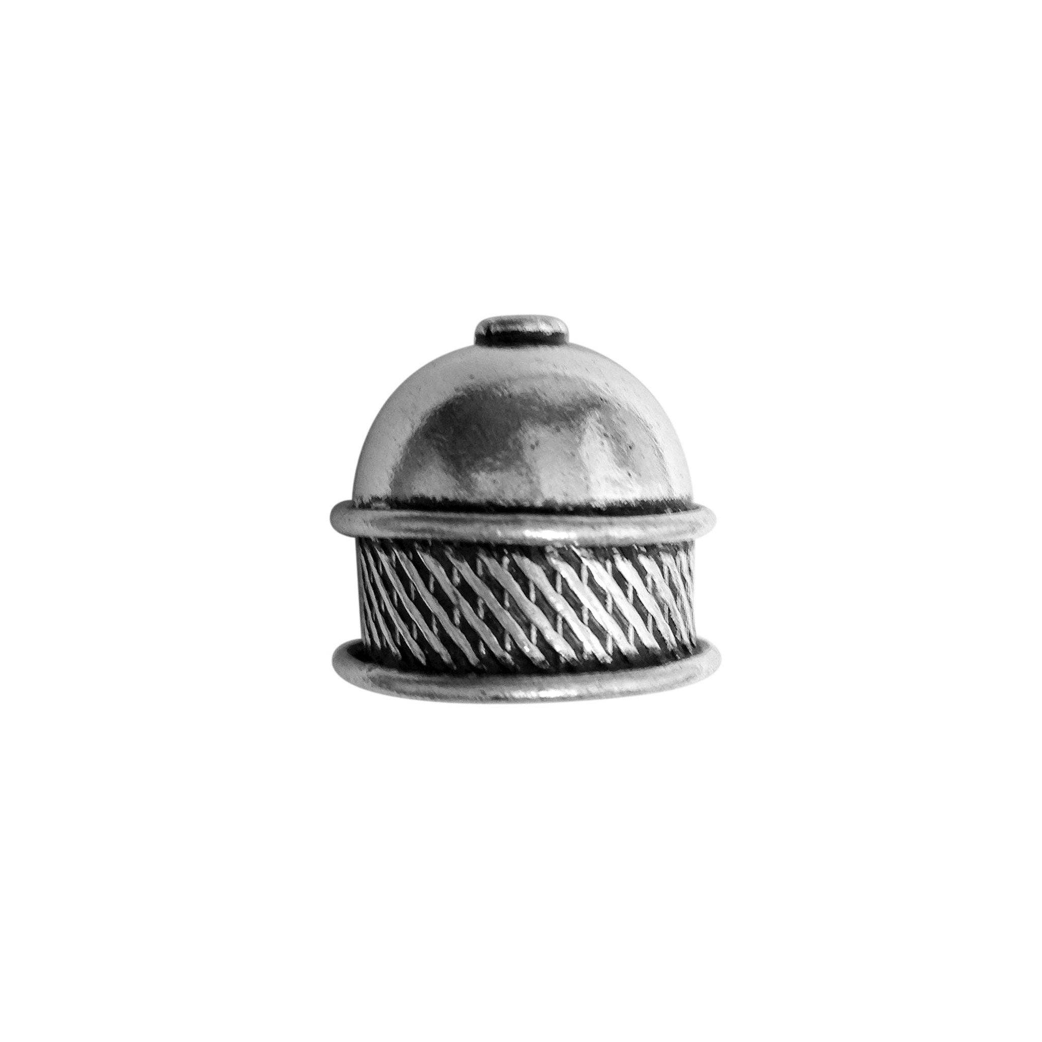 Silver Overlay Over Copper artisan woven dome end cap handmade in India with antique oxidized finish.