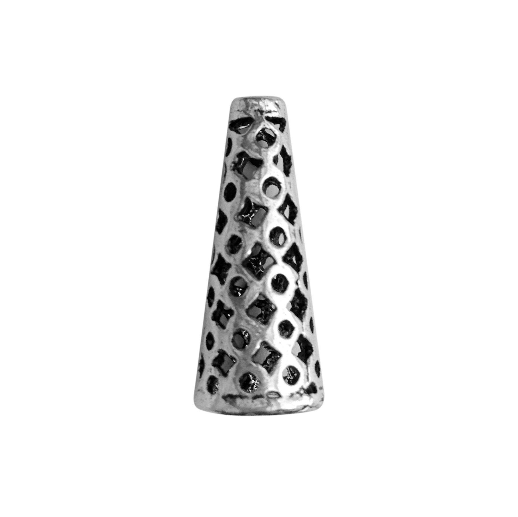 Silver Overlay Over Copper artisan cutwork cone bead handmade in India with antique oxidized finish.