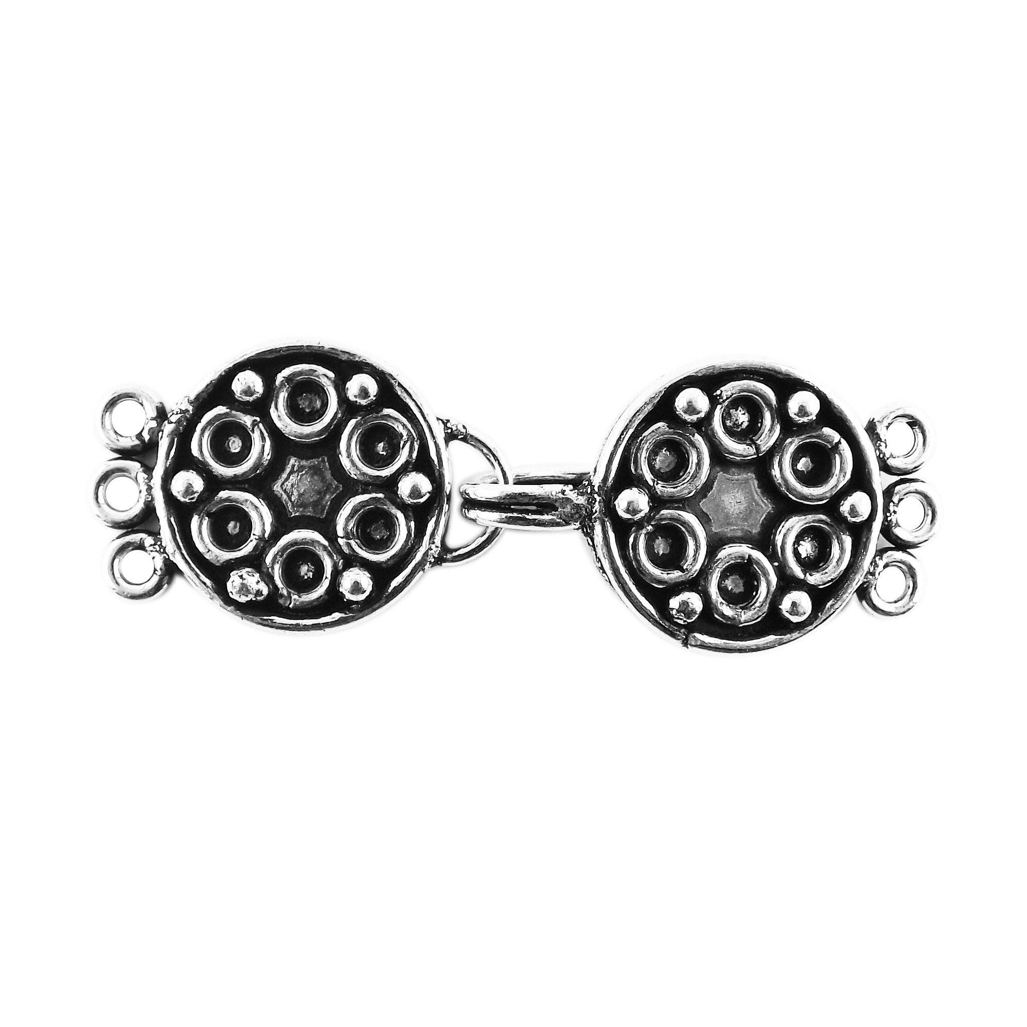 Silver Overlay over Copper round multi strand clasp with 3 holes handcrafted in India featuring star motif and antique finish.