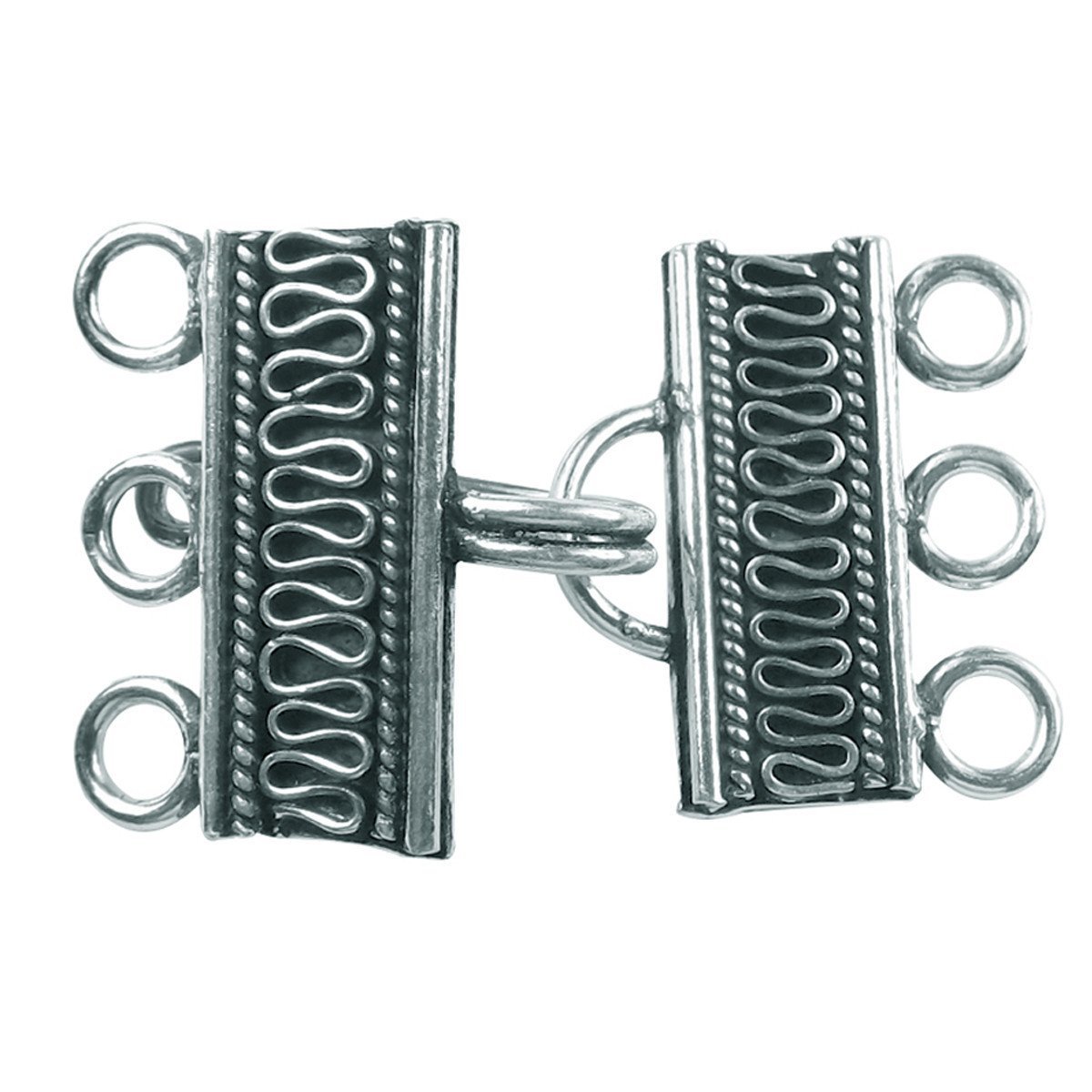 Silver Overlay over Copper rectangular multi strand clasp with 3 holes handcrafted in India featuring Bali wave detailing and antique finish.