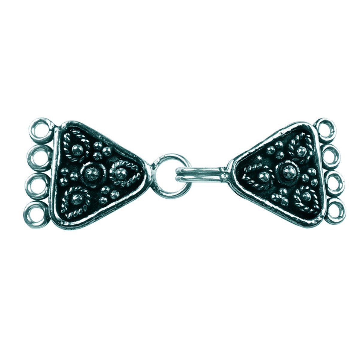 Silver Overlay over Copper triangular multi strand clasp with 4 holes handcrafted in India featuring floral detailing and antique finish.