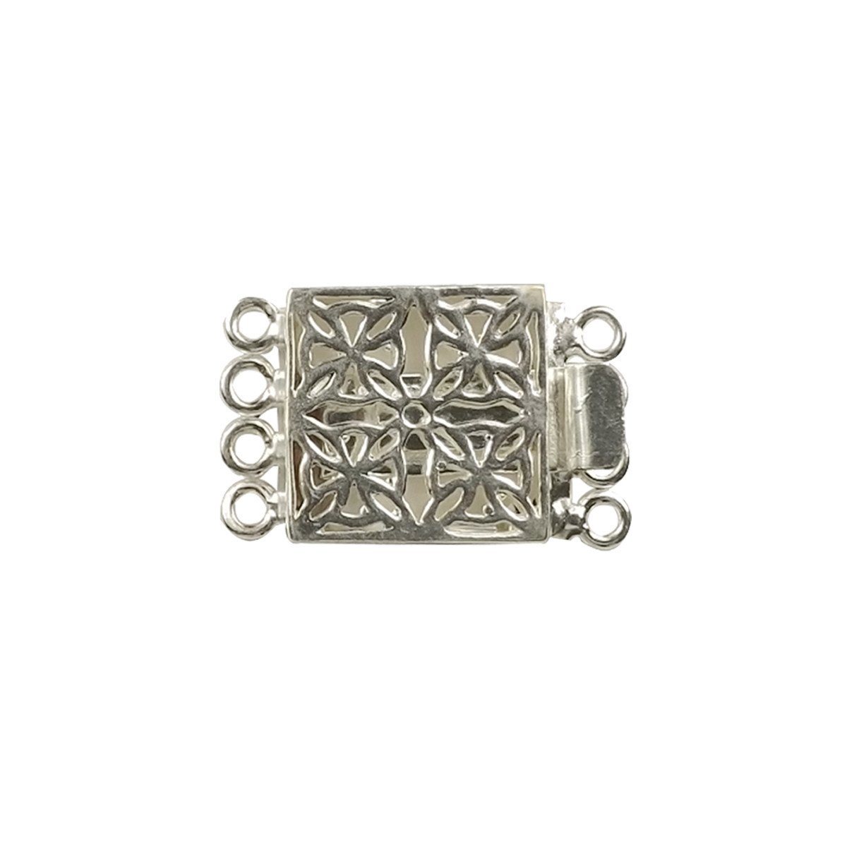 Elegant Silver Overlay Over Copper Multi Strand Clasp With 4 Holes featuring floral openwork and antique finish, handcrafted in India.