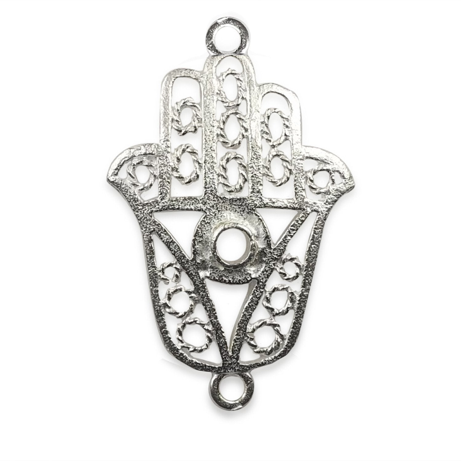 Modern Silver Overlay Hands of Fatima openwork pendant crafted in Silver Overlay Over Copper with geometric details, handcrafted in India.