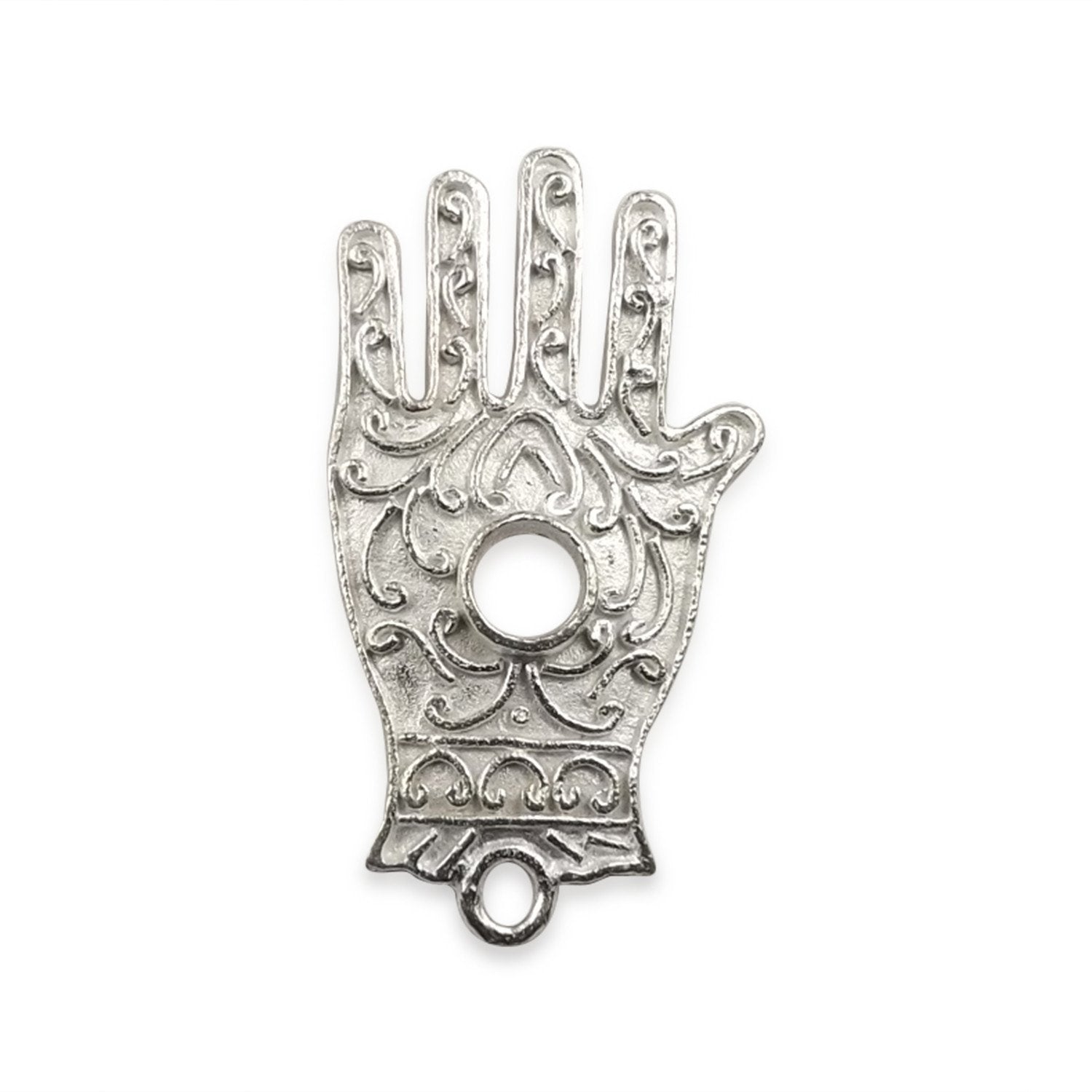 Elegant ornamental Silver Overlay Hands of Fatima pendant crafted in Silver Overlay Over Copper with embossed scrollwork and central round detail, handcrafted in India.