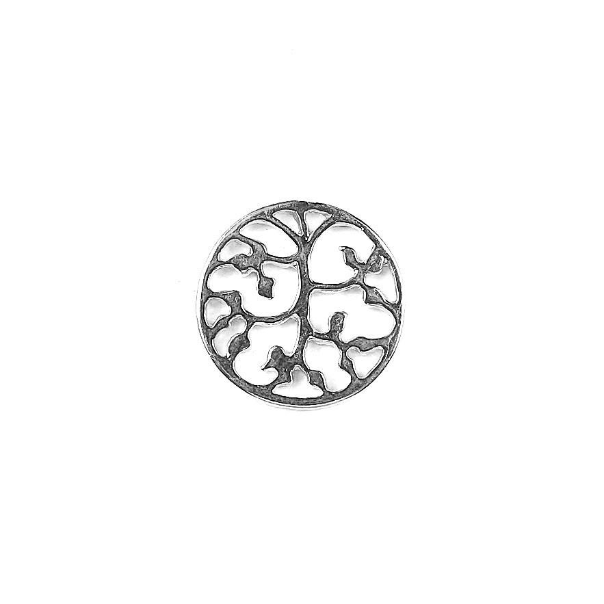 Silver Overlay Over Copper India round Tree of Life charm with antique oxidized finish and openwork design.