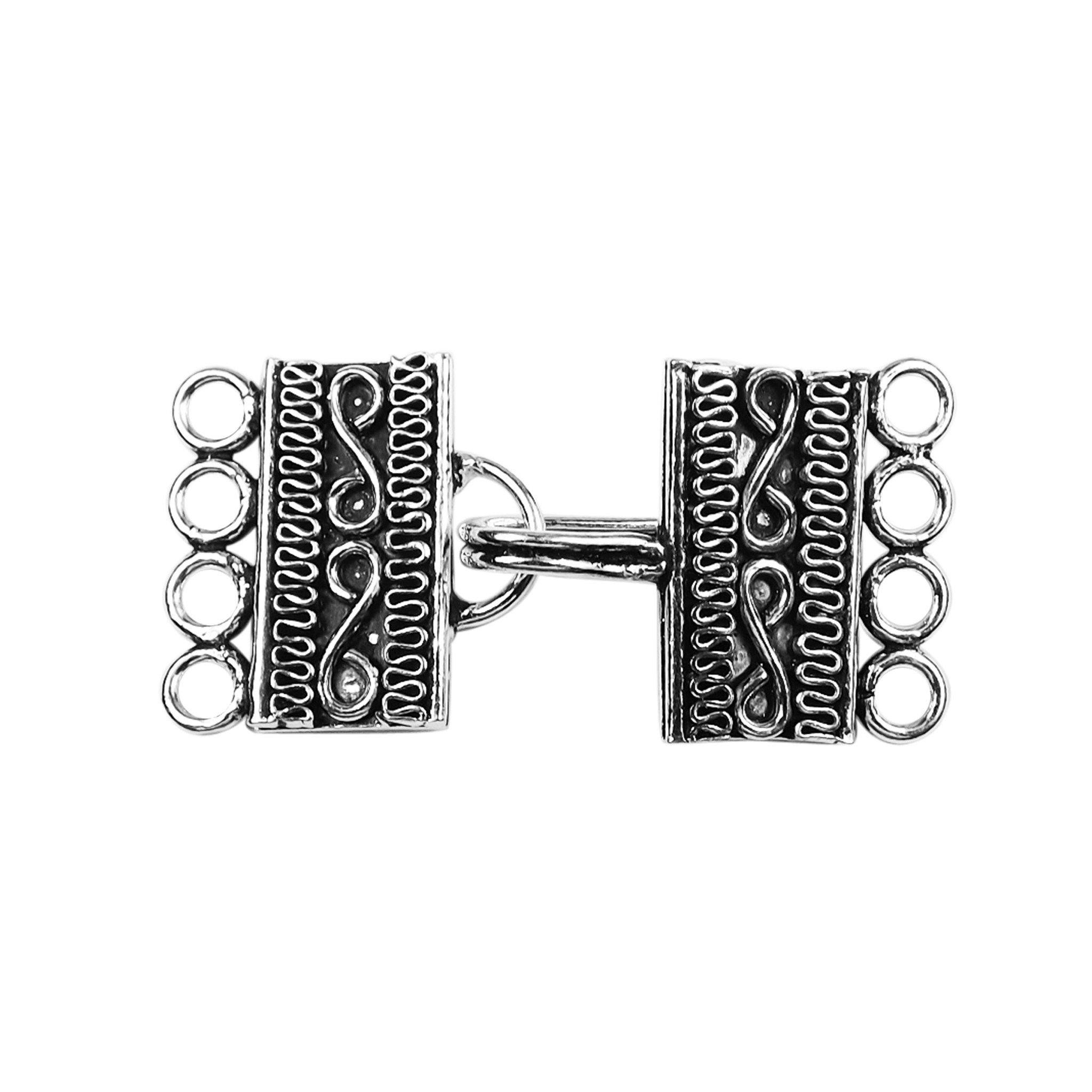 Silver Overlay Over Copper India multi strand clasp with 4 holes and antique oxidized finish for layered jewelry making.