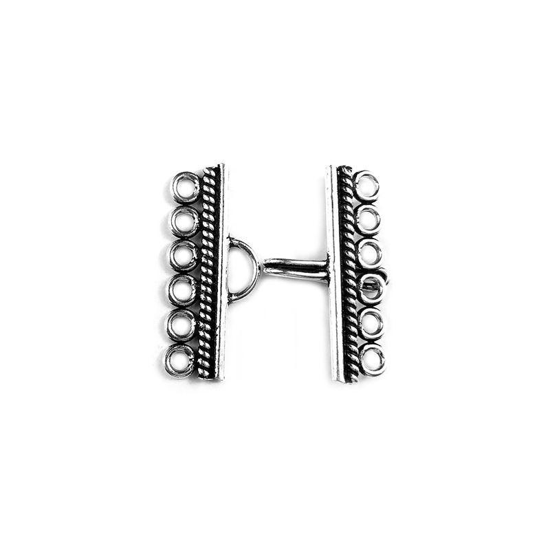 Silver Overlay Over Copper India multi strand clasp with 6 holes and antique oxidized finish for layered jewelry making.