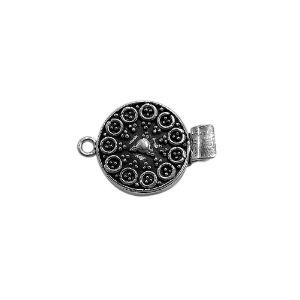 Silver Overlay Over Copper India round decorative box clasp with oxidized finish and sliding lock.