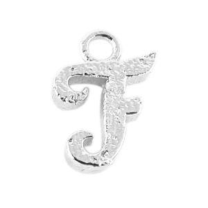 Silver overlay over copper alphabet F pendant with script design, handcrafted in India for personalized jewelry