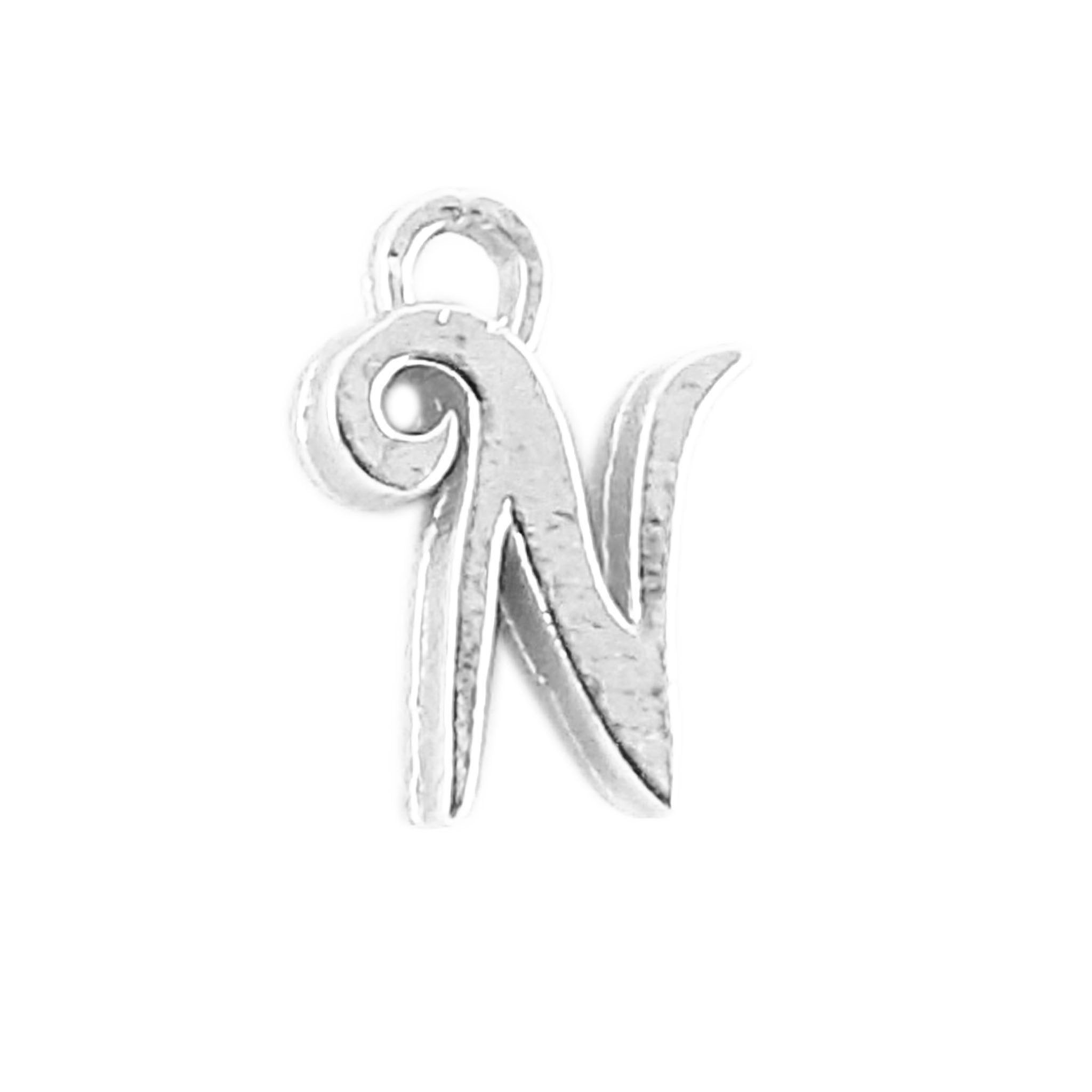 Silver overlay over copper alphabet N pendant with decorative design, handcrafted in India for personalized jewelry
