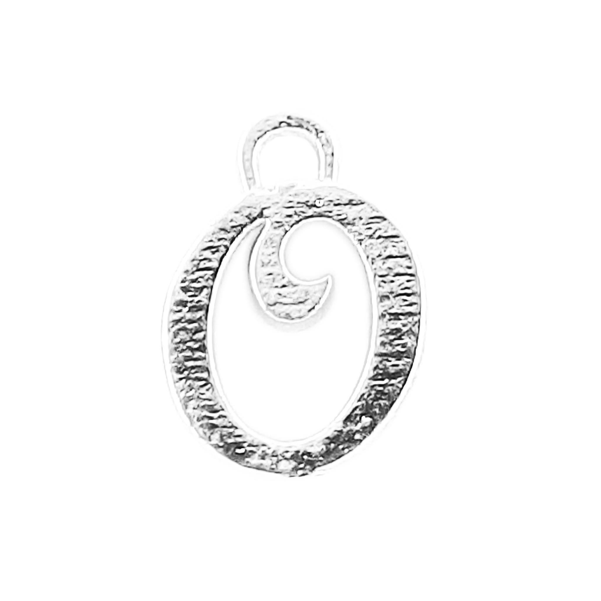 Handcrafted Silver Overlay Over Copper alphabet “O” charm from India with polished textured finish for handmade personalized jewelry.