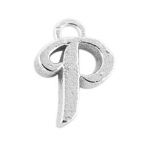 Handcrafted Silver Overlay Over Copper alphabet “P” charm from India with polished textured finish for handmade personalized jewelry.