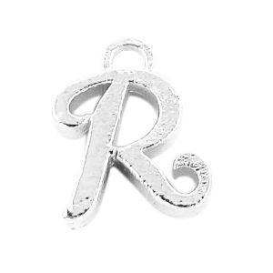 Handcrafted Silver Overlay Over Copper alphabet “R” charm from India with polished textured finish for handmade jewelry.
