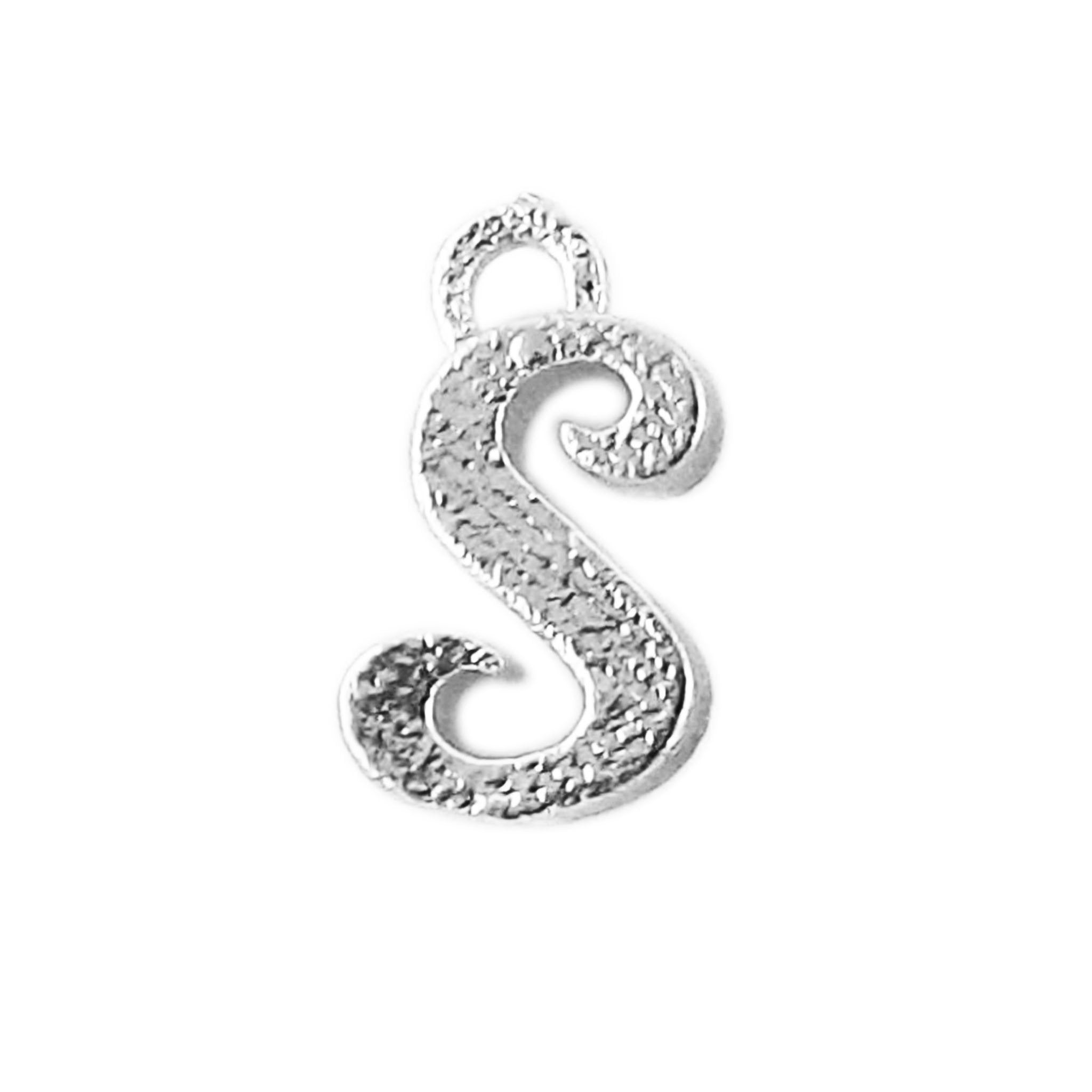 Handcrafted Silver Overlay Over Copper alphabet “S” charm from India with polished textured finish for handmade jewelry.