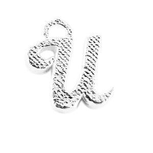 Handcrafted Silver Overlay Over Copper alphabet “U” charm from India with polished textured silver finish for handmade jewelry.