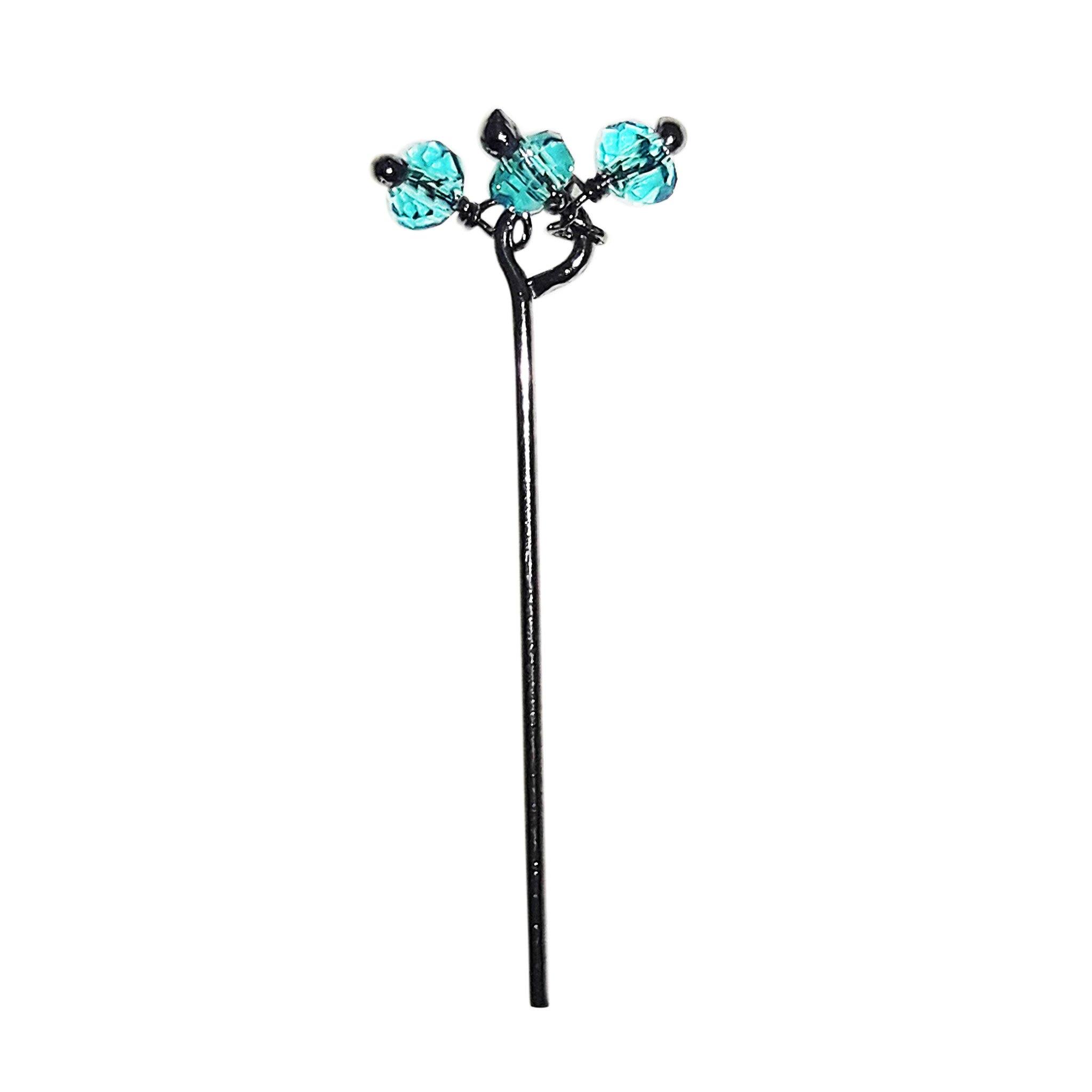 India handcrafted blue crystal quartz cluster pin with black rhodium overlay over copper for retail jewelry crafting.
