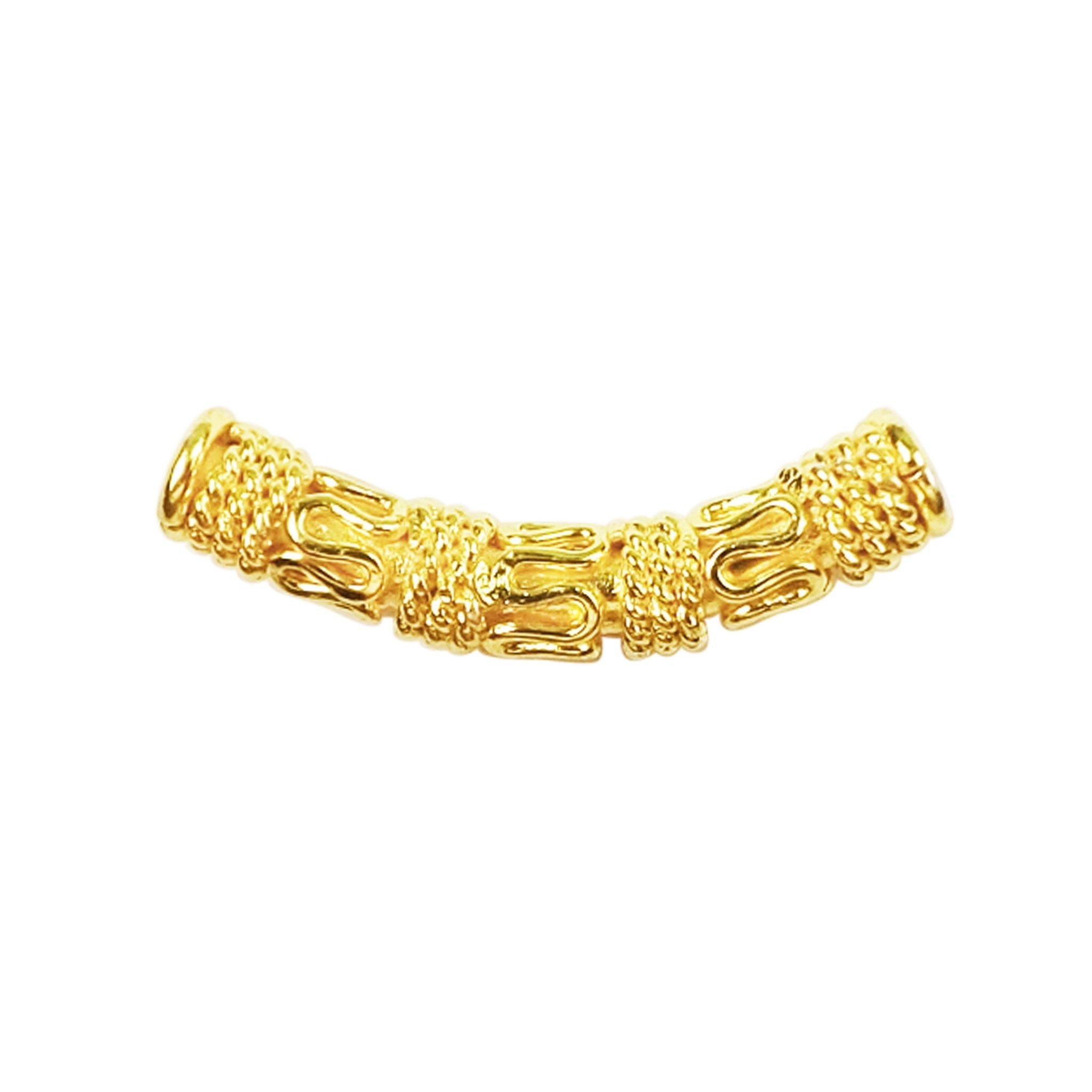 Handcrafted 18K Gold Overlay Tube Over Copper curved jewelry bead from India with polished finish
