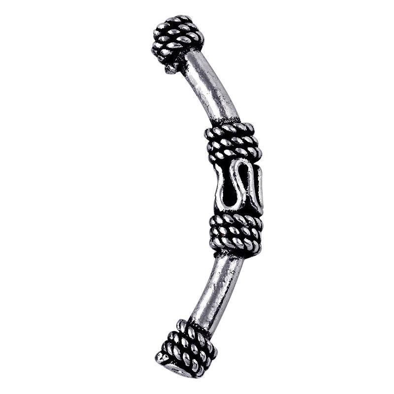 Decorative silver overlay tube bead over copper with curved shape and oxidized finish handcrafted in India for jewelry making