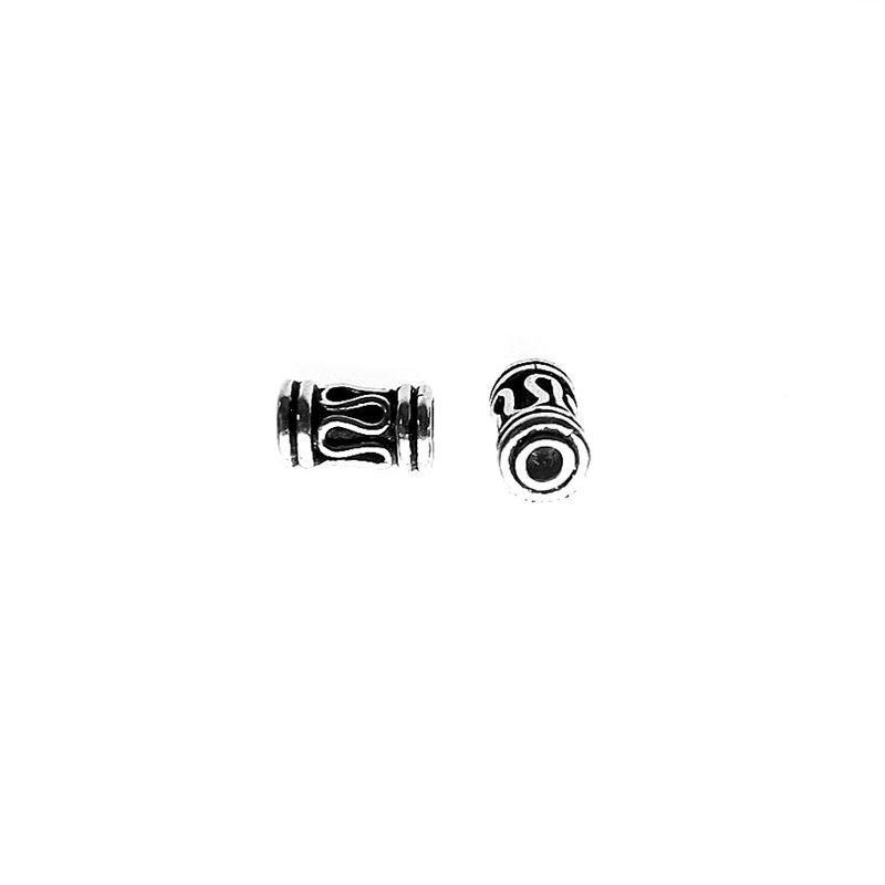 Handcrafted silver overlay tube bead from India with oxidized finish and wave design for retail jewelry making