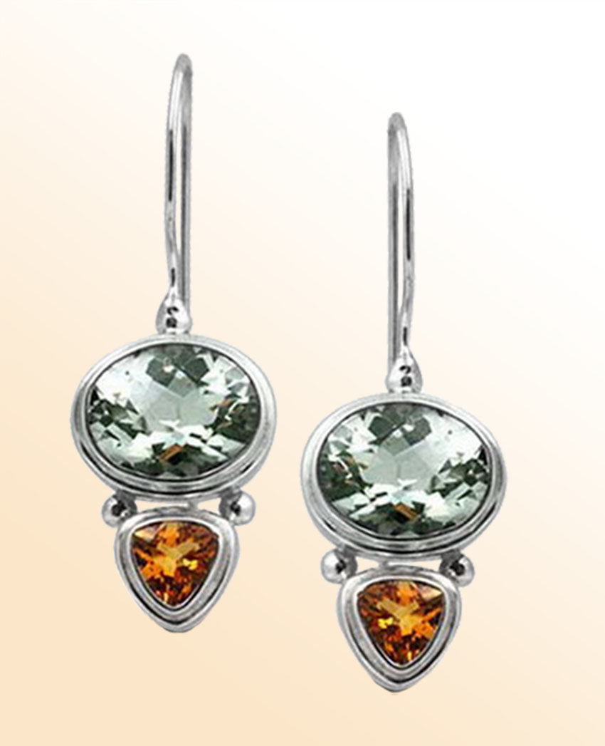 Handcrafted sterling silver Green Amethyst Quartz and Citrine Quartz dual drop earrings with Bali detailing