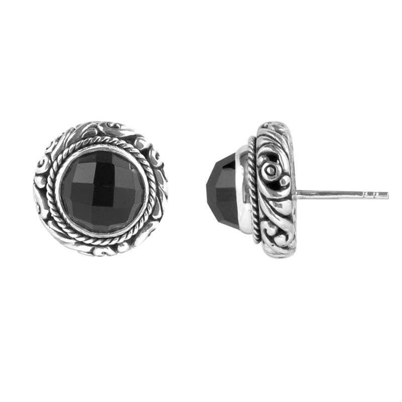Handcrafted Sterling Silver Black Onyx round stud earrings with Balinese carvings and dual-textured finish.