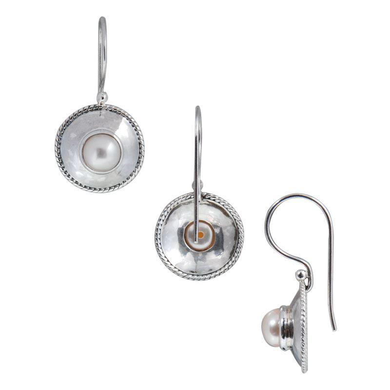 Handcrafted Sterling Silver Pearl round dome earrings with hammered finish and rope border design.