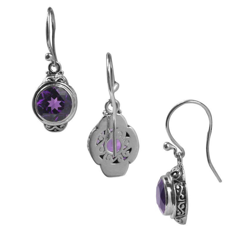 Handcrafted Sterling Silver Amethyst Quartz Round Hook Earrings With Balinese Detailing