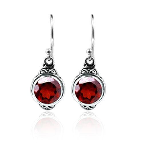 Handcrafted Sterling Silver Garnet Quartz Round Hook Earrings With Balinese Design