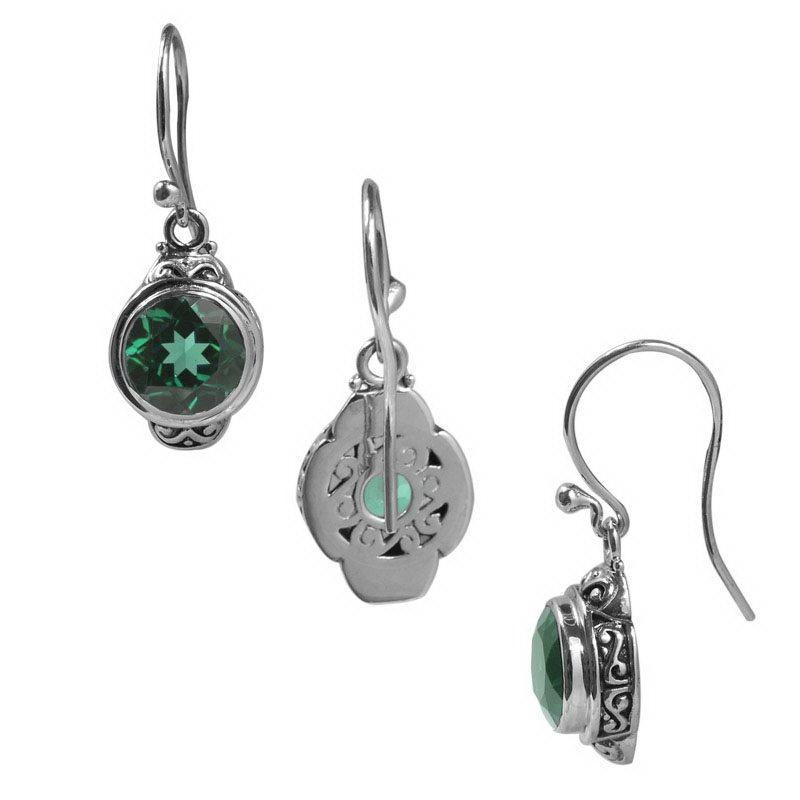 Handcrafted Sterling Silver Green Quartz Round Hook Earrings With Balinese Design